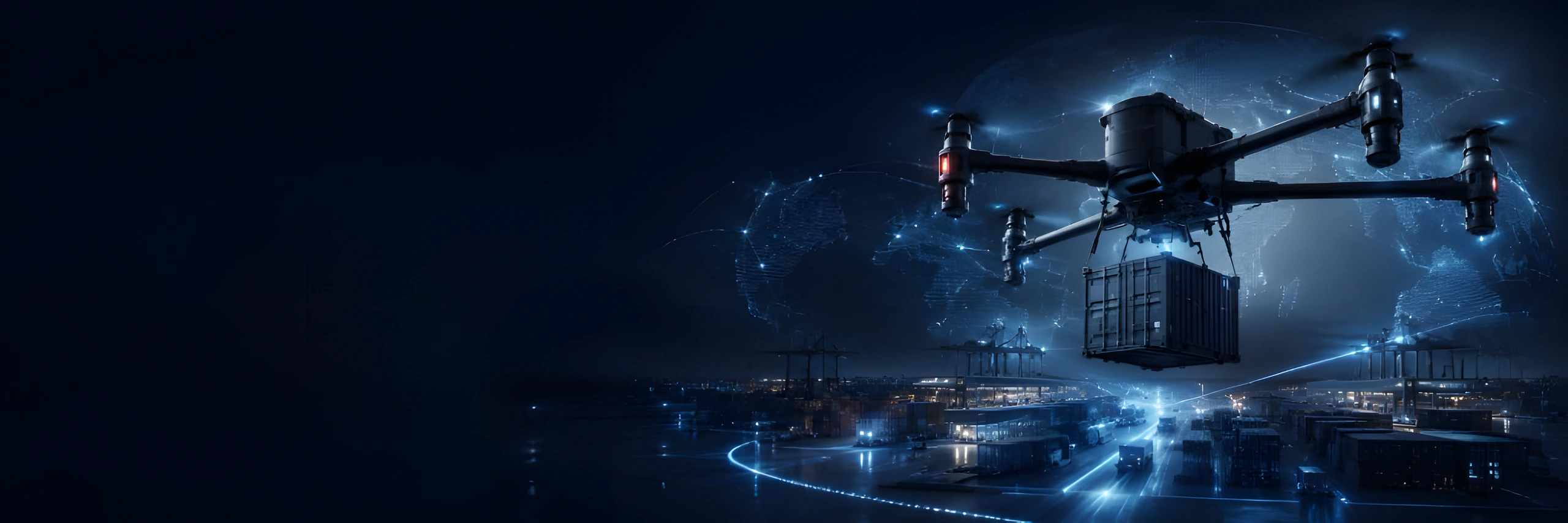 Global Drone Connect industrial drone carrying a shipping container over a digital logistics hub at night